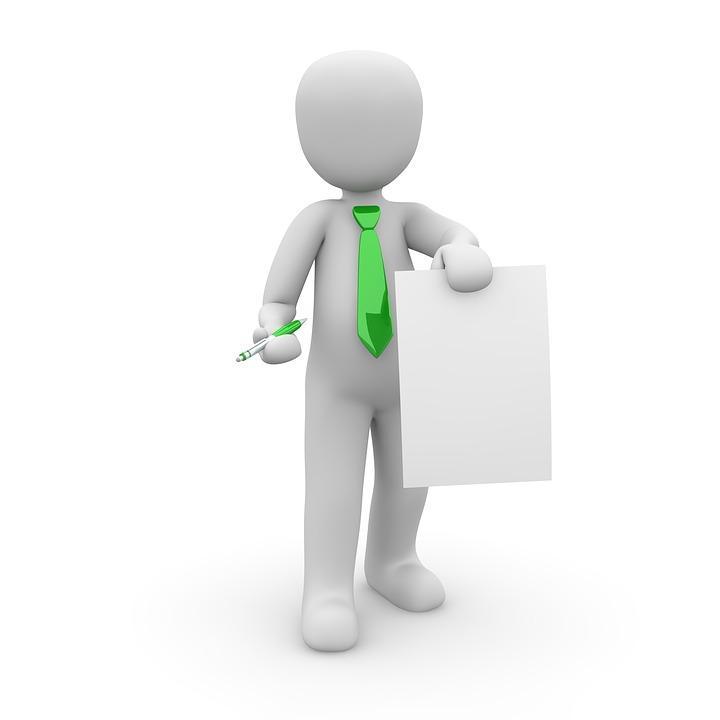 Bilden är en illustration på en person som håller fram ett papper och en penna att skriva under med.